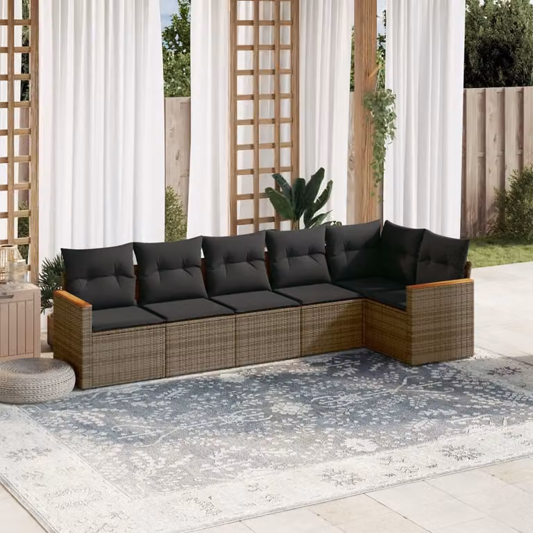 vidaXL Set Divano da Giardino a L in Polyrattan Grigio con 6 Cuscini Imbottiti e Rivestimenti Rimovibili