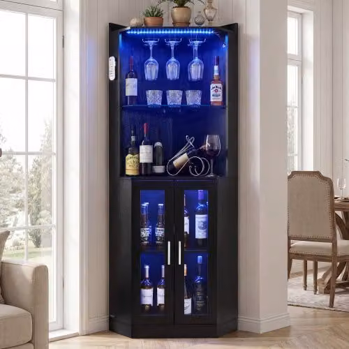 VEVOR Mobile Bar Angolare Moderno con Illuminazione LED Dimmerabile e Portabicchieri, Colore Nero, L/P/H: 50 x 50 x 170 cm