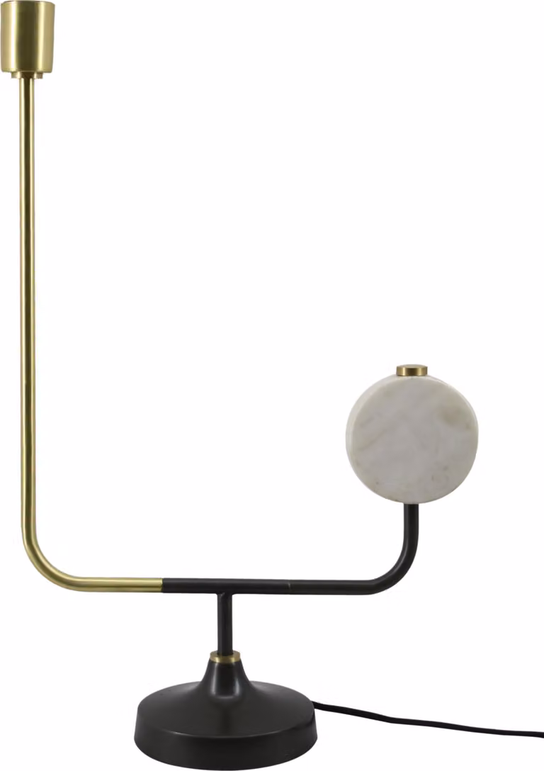 Lampada da tavolo Padiro, dimensioni 38 x 15 x 58 cm, colore bianco, realizzata in ferro con dettagli in marmo, presenta una struttura aperta e un dettaglio circolare in marmo