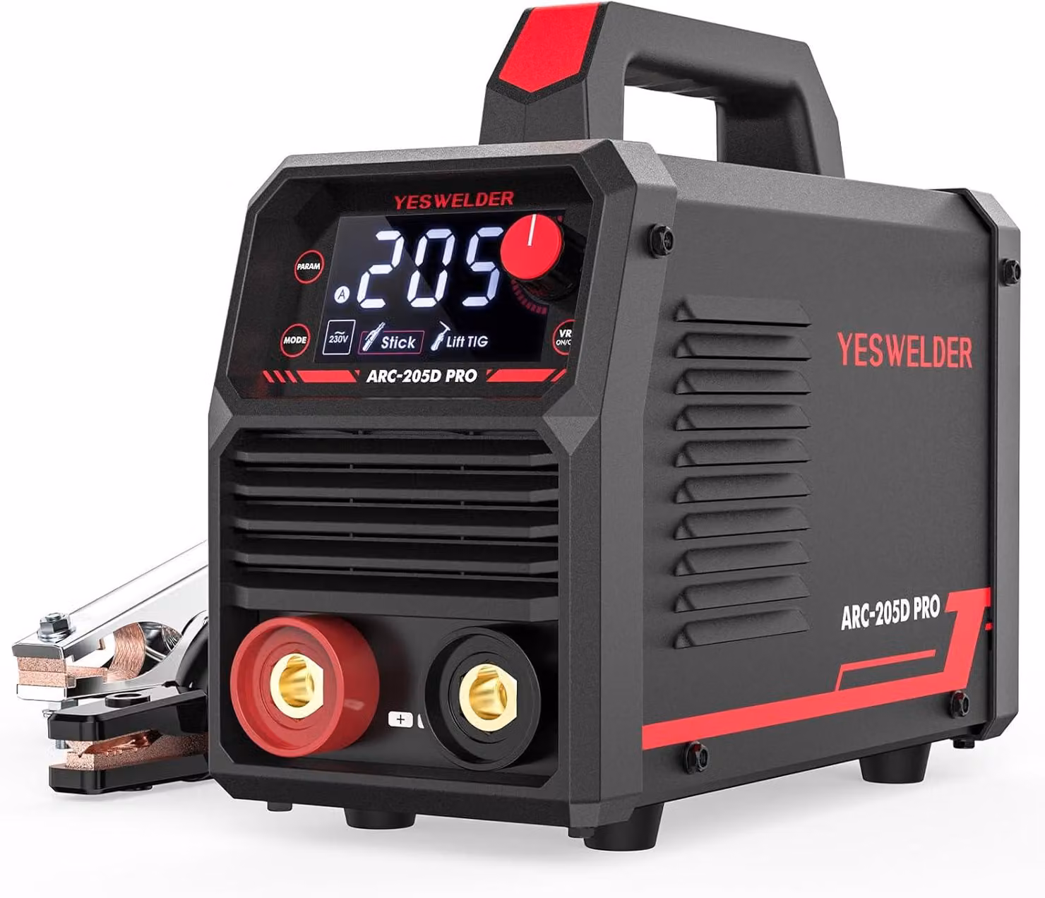 Saldatrice ad arco 205 Amp, 230V, MMA/Lift TIG, saldatrice portatile ad elettrodo. Macchina inverter IGBT con display LED digitale, funzione Hot Start, controllo della forza dell'arco e anti-aderenza