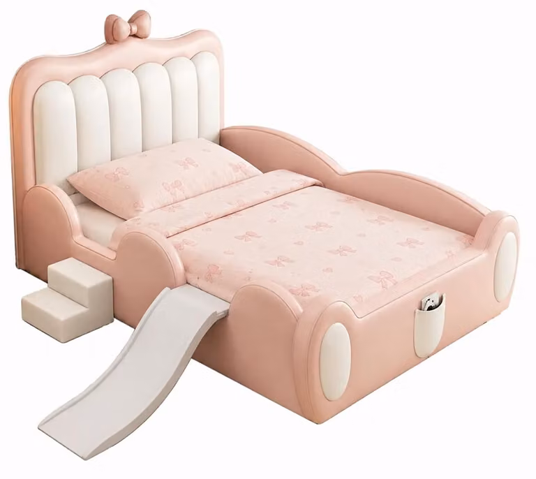 Letto per bambini rosa con sponde laterali, dotato di scivolo e scaletta, ideale per bambine
