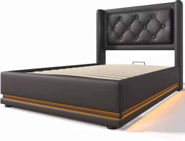 Letto Singolo Imbottito 90x200 cm Nero in PU con Contenitore Idraulico, Testiera con Ricarica USB Tipo-C e Illuminazione LED 3 lati (Senza Materasso)