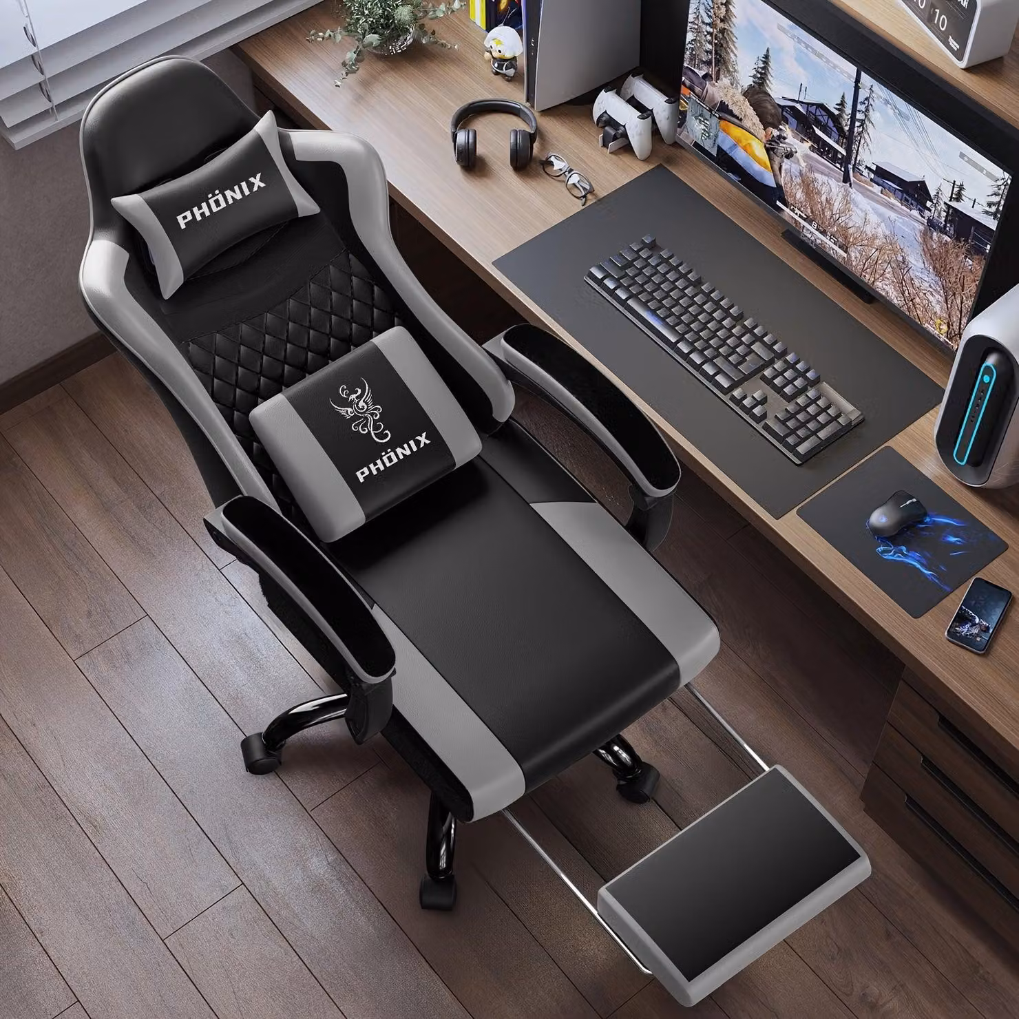 Sedia da gaming con poggiapiedi e cuscini, ergonomica, regolabile in altezza, girevole, nera e grigia