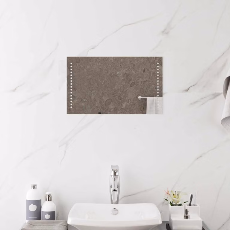 Specchio da bagno vidaXL con illuminazione LED, design minimalista rettangolare in vetro temperato, L 50 cm x H 30 cm, colore trasparente/grigio