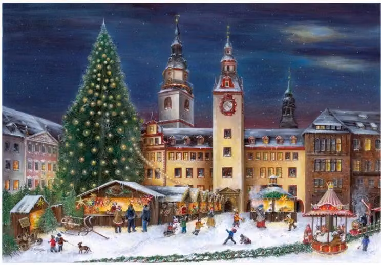 Calendario dell'Avvento di Chemnitz con motivo del municipio, 38x26 cm, cartoncino