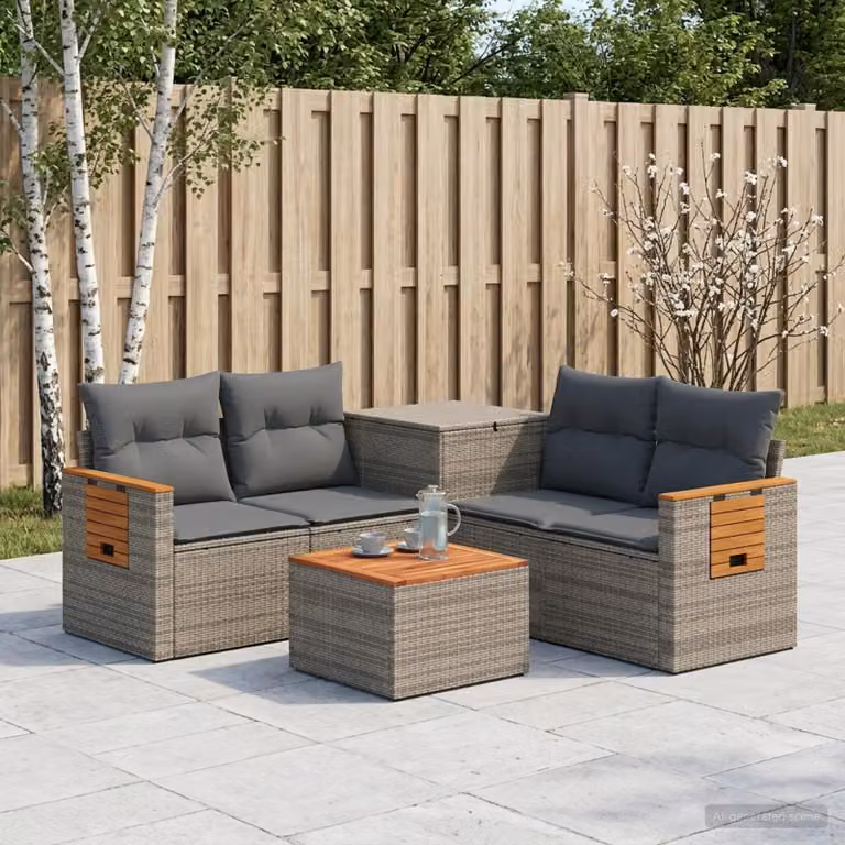 Set di divani da giardino vidaXL a forma di L in polyrattan con tavolino e cuscini, Grigio e Antracite