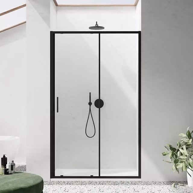 Porta doccia 150cm profili slim nero opaco vetro 6mm trasparente h190 | Portofino