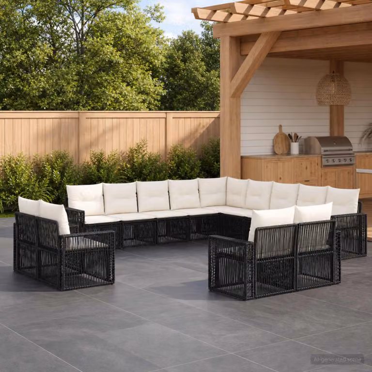Set Divano da Giardino a L vidaXL in Polyrattan con Cuscini, Nero e Bianco Crema