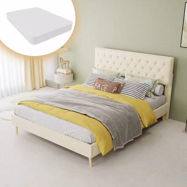 Letto Contenitore Imbottito ¨C MINIMAL ¨C Beige, Matrimoniale 140x200, con Materasso