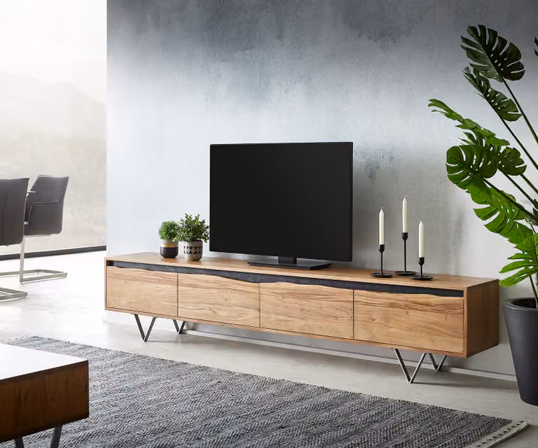 DELIFE Mobile basso Stonegrace, 220x35 cm, legno di acacia naturale, 4 ante, bordo grezzo