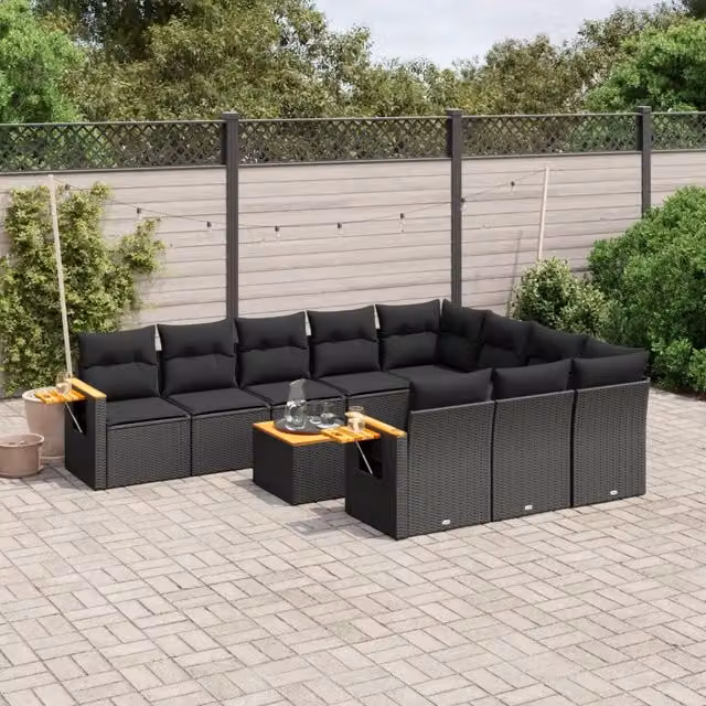 Set da giardino vidaXL composto da 11 pezzi in polyrattan nero con cuscini inclusi e tavolino da caffè – 1