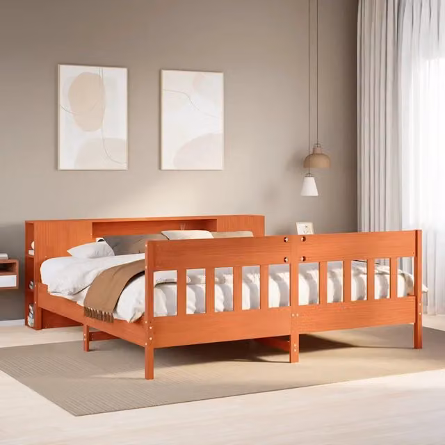 Letto Libreria senza Materasso Marrone Cera 200x200 cm in Pino 3323172