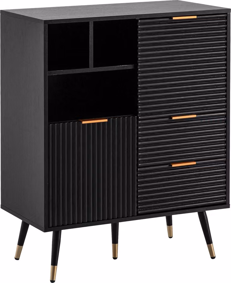 WOHNLING Credenza 77x97x40 cm Credenza nera con decorazione in rovere Comò con ante e cassetti Comò Armadio da ingresso con ripiano Moderno