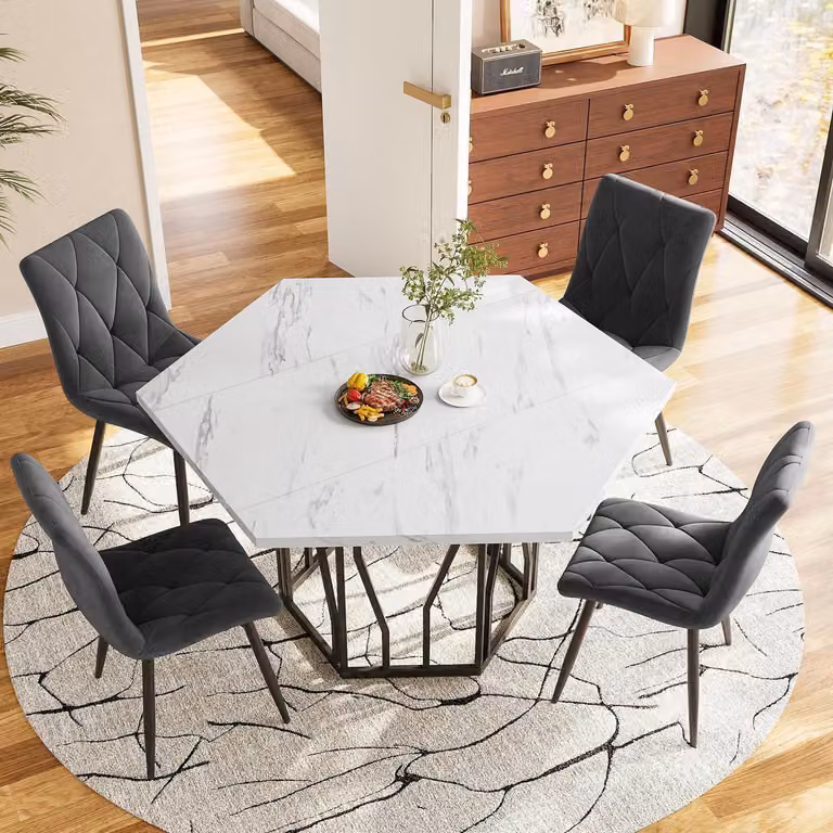 Tavolo esagonale, dimensioni 115,5x100x75 cm, aspetto marmo, MDF nero, struttura in metallo