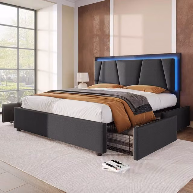 Letto singolo imbottito con LED - Xylo - 140x200cm - Grigio - Con 2 cassetti e materasso