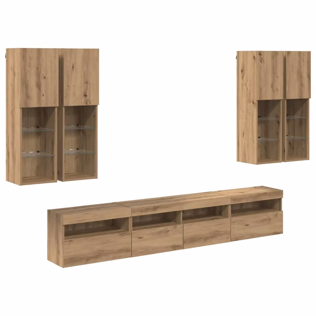 Set Mobile TV a Muro con Luci LED vidaXL in Rovere Artigianale, 7 Pezzi, Marrone – 2