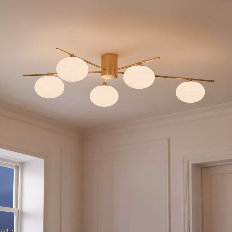 Plafoniera soffitto Valisa Lindby, dimmerabile, Ottone / Oro, Soggiorno / Sala da pranzo, Vetro, Plafoniera