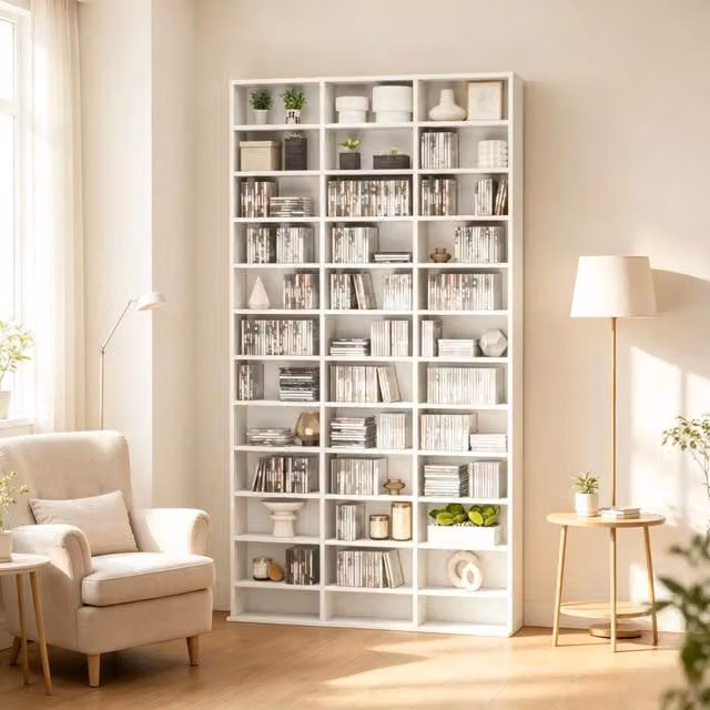 Scaffale porta CD e DVD 102x23.5x195 cm con ripiani regolabili in MDF bianco