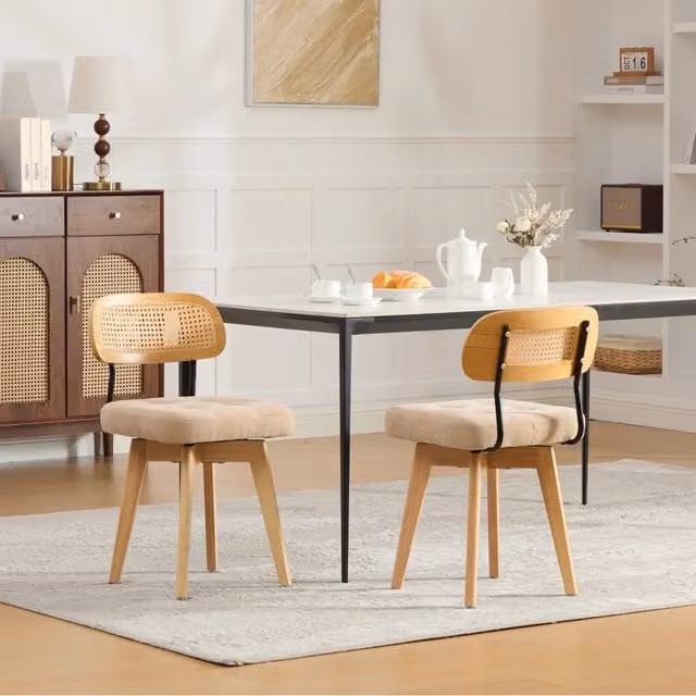 Desviae Set di 2 sedie da pranzo girevoli a 360° in cheniglia kaki con schienale in rattan seduta imbottita e gambe in ferro