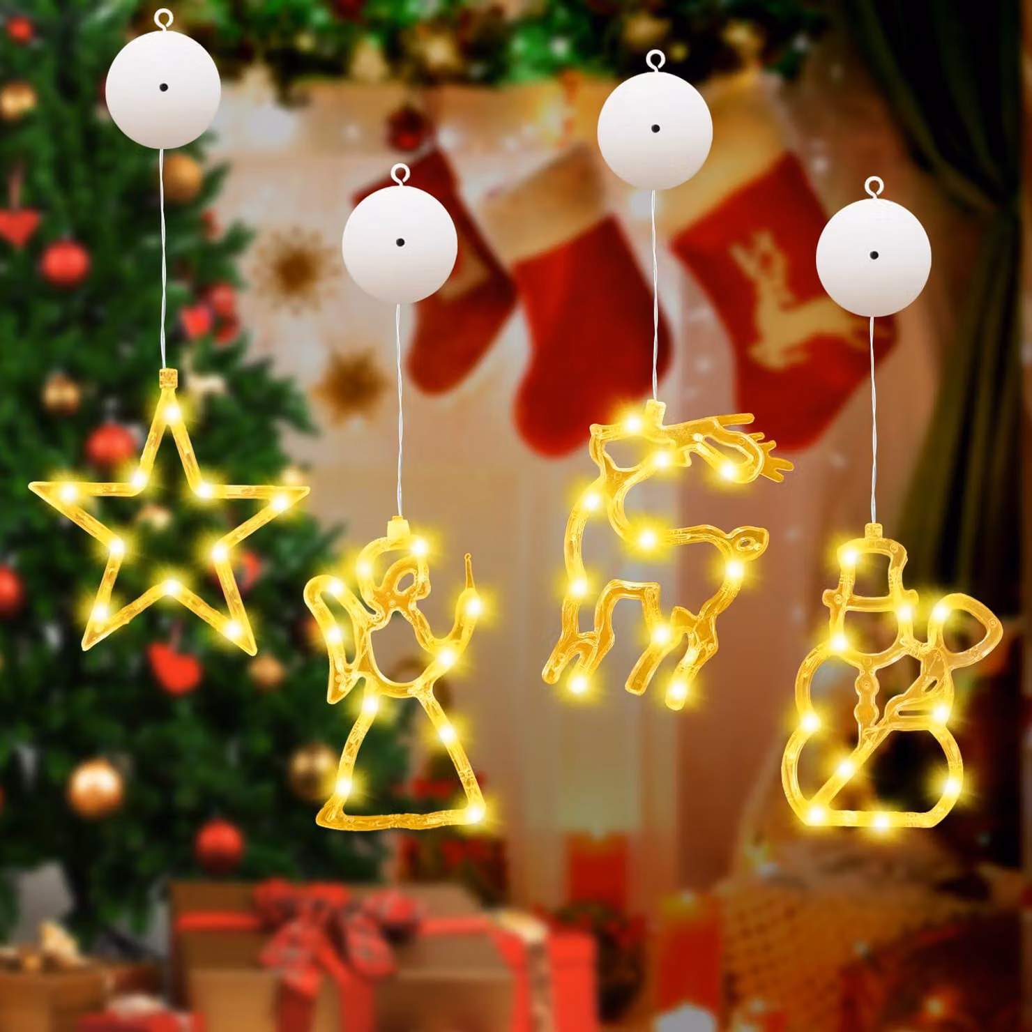 Luci natalizie a LED, set di 4, decorazioni natalizie, con ventosa