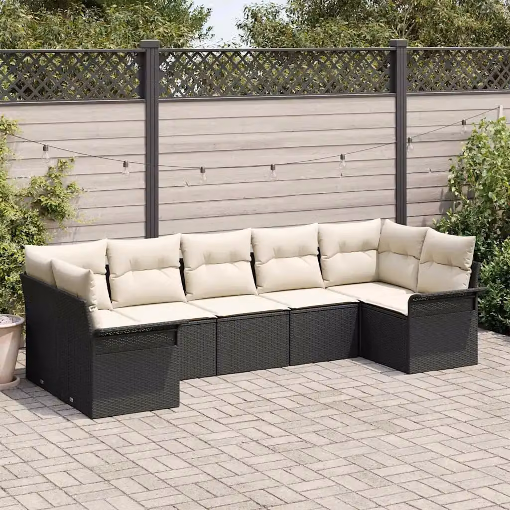 Set Divano da Giardino vidaXL 7 pz in Polyrattan Nero con Cuscini e Struttura in Metallo – 1