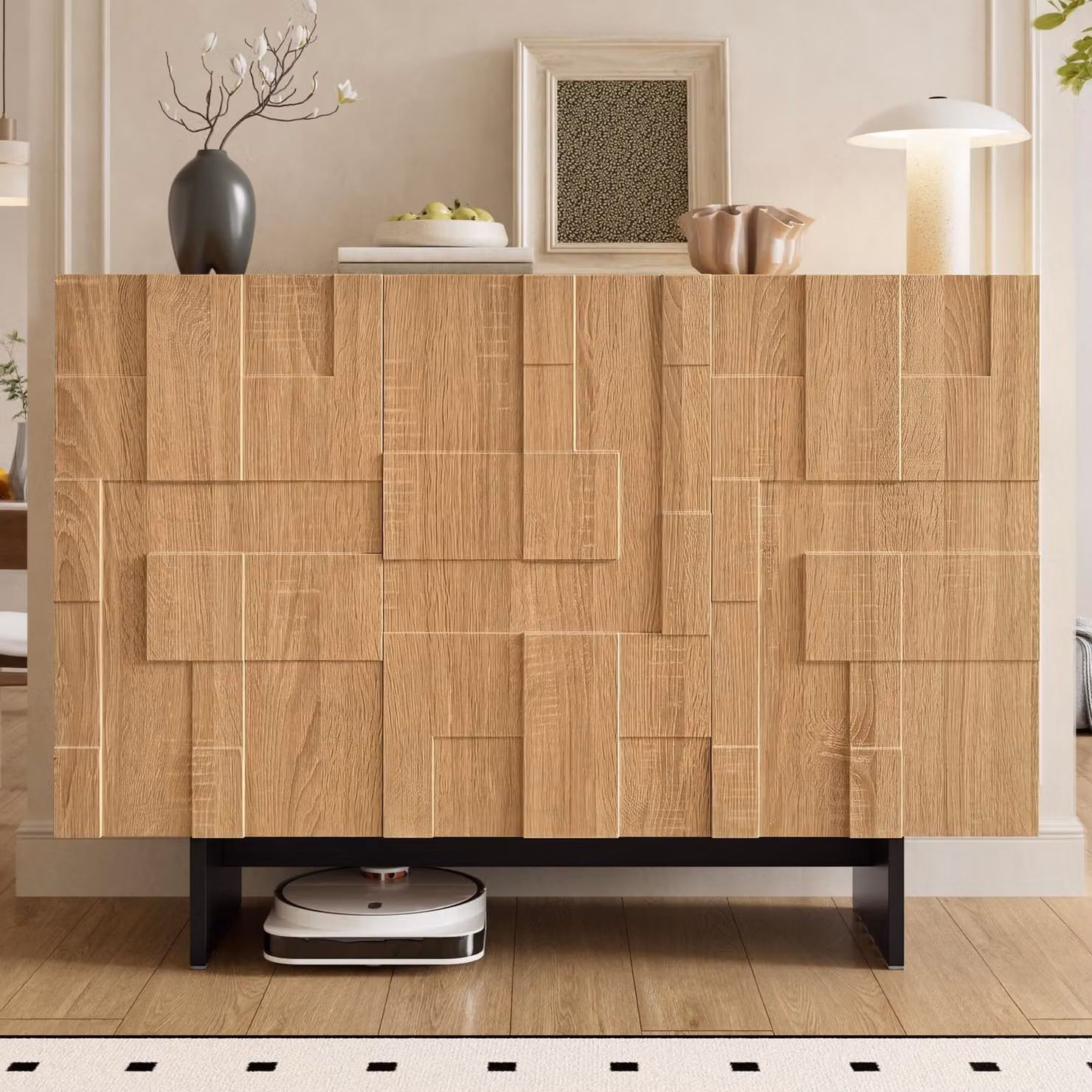 Mobile bar moderno "okwish" con ripiani regolabili e spazio contenitivo, pensile per il soggiorno, con struttura frontale geometrica e finitura naturale