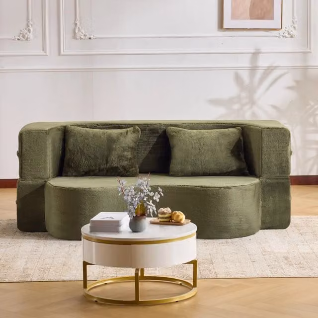 Divano letto pieghevole 2 in 1 in schiuma ad alta densità verde con 2 cuscini