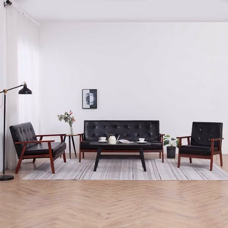 Set di divani 3 pezzi vidaXL in similpelle nera con struttura in legno massiccio per soggiorno