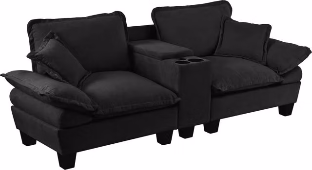 Divano modulare Cloud in Chenille nero con portabicchieri, spazio contenitivo e 2 cuscini, 224x82x90 cm