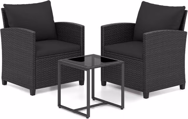 Set mobili da giardino a 3 pezzi con 2 poltrone e 1 tavolino in vetro temperato, Salotto da esterno in rattan PE Nero+Nero