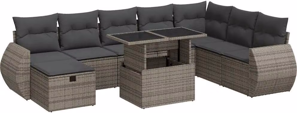 Set Divano da Giardino 9 pz con Cuscini Grigio in Polyrattan