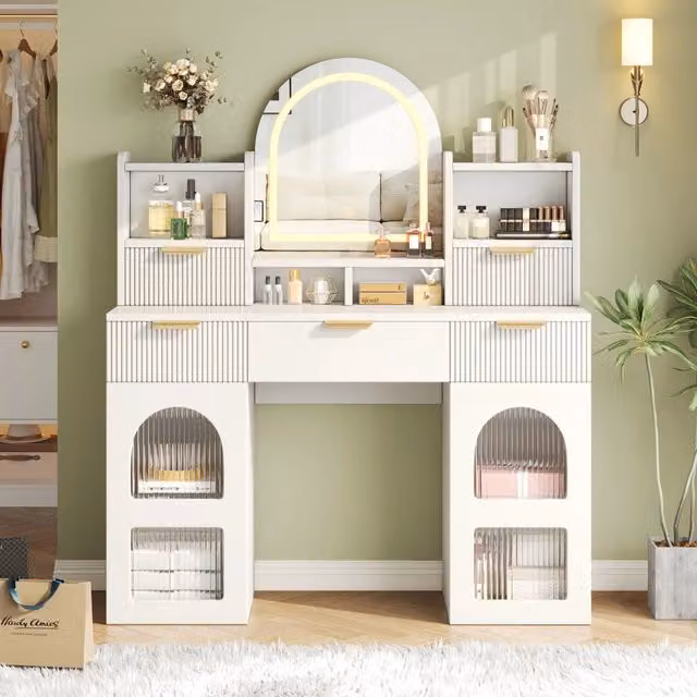 Tavolo da Trucco con LED e Specchio ¨C Minimal ¨C Bianco, 3 cassetti, 2 ante in vetro, ripiani, 120x40x139,5 cm