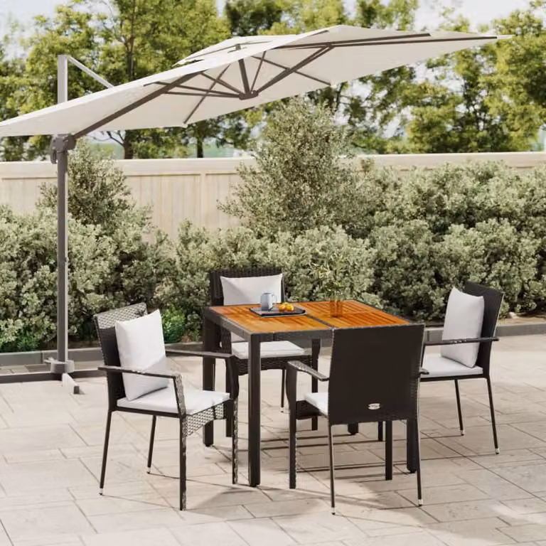 Set da Pranzo da Giardino vidaXL in Polyrattan e Legno di Acacia Nero e Bianco con 5 Pezzi