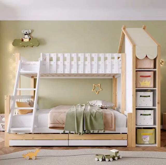 Letto a castello 90x200 + 140x200 cm con cassetti, bianco naturale