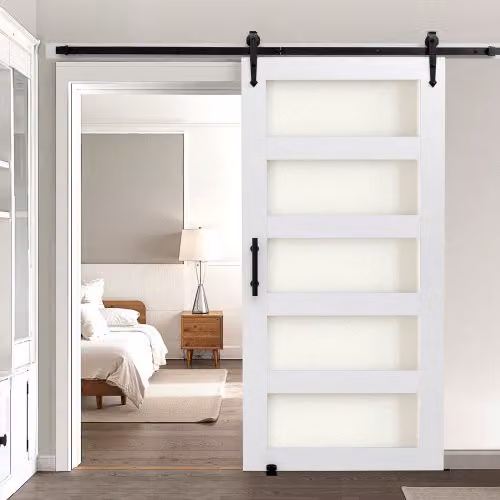 Porta Scorrevole VEVOR in MDF e Vetro Satinato con Kit di Ferramenta e Telaio a H, Bianco, L: 106,7 cm, H: 213,4 cm