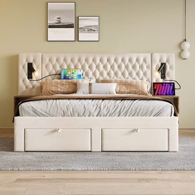 Letto imbottito REDOM in velluto beige con cassetti, luce di lettura integrata e porta USB, L/P: 160 x 200 cm