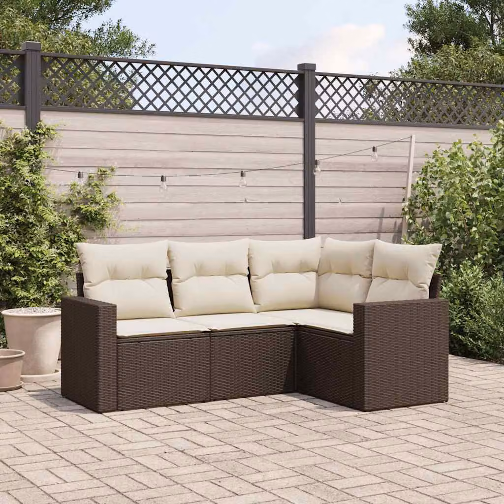 vidaXL Set Divano da Giardino a L 4 pz in Polyrattan Marrone con Cuscini Bianchi – 1