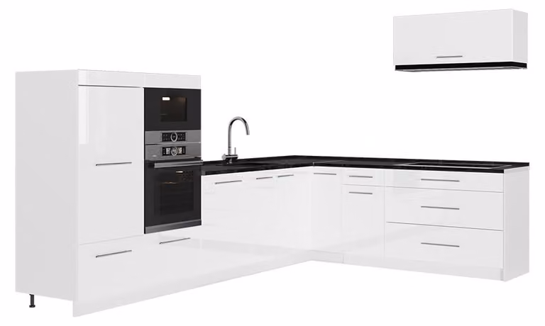 Cucina angolare completa Vicco Fame-Line Bianco lucido/Bianco 327 x 227 cm senza piano di lavoro, Model 64439