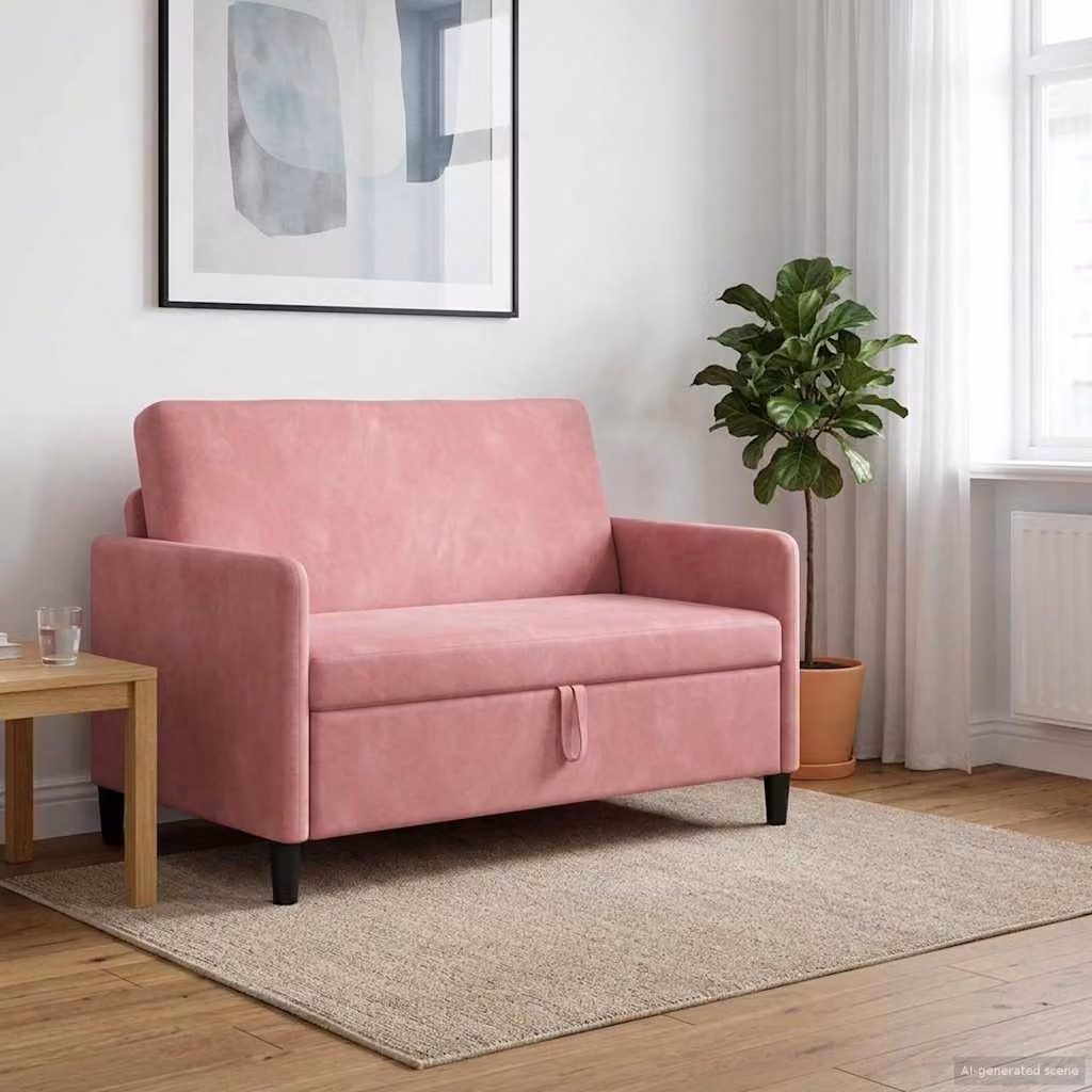 Divano moderno vidaXL con contenitore a sollevamento, rivestimento in tessuto rosa e nero, L: 122 cm, P: 78 cm, H: 87 cm