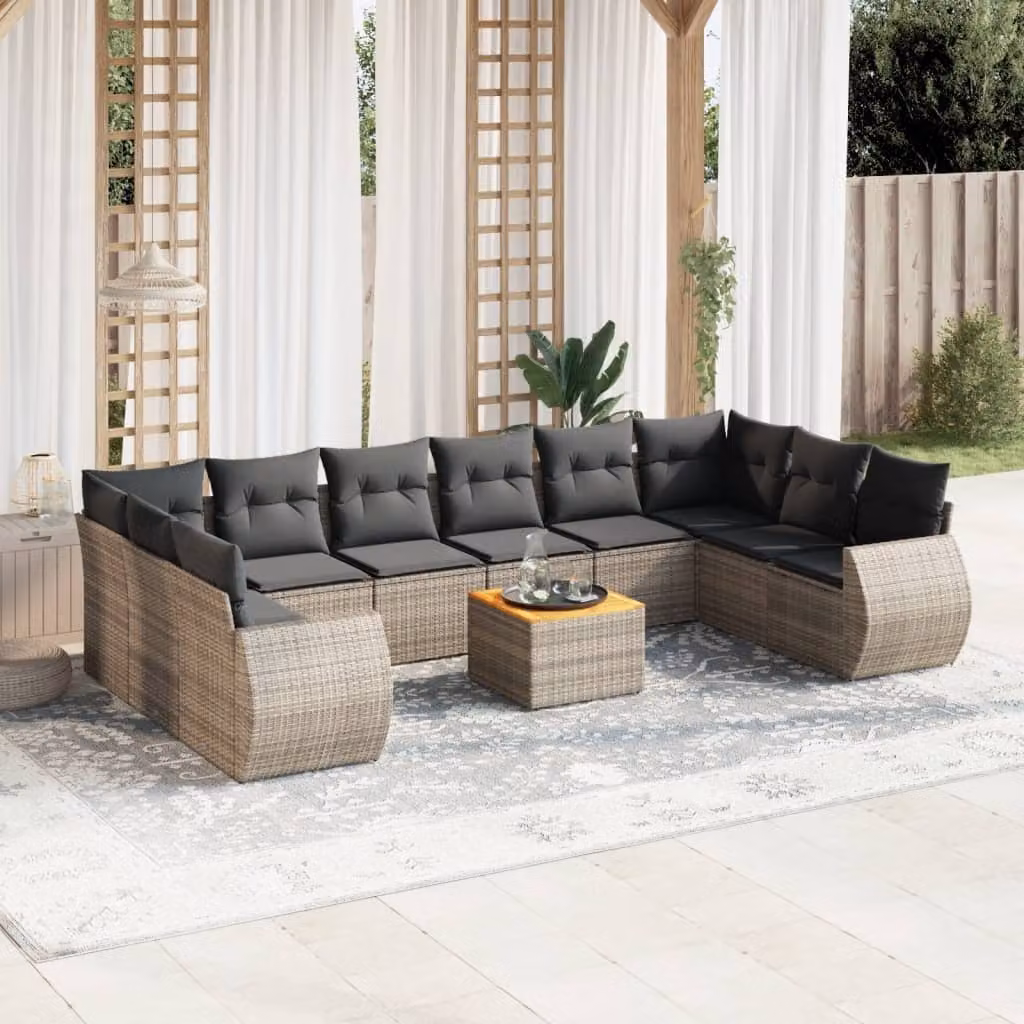 vidaXL Set Divani da Giardino 11 pz a Forma a L con Cuscini in Polyrattan Grigio – 1