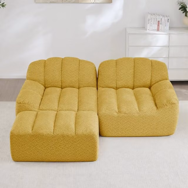 Divano modulare angolare 2 posti con pouf in pile granulato giallo HOMVRA