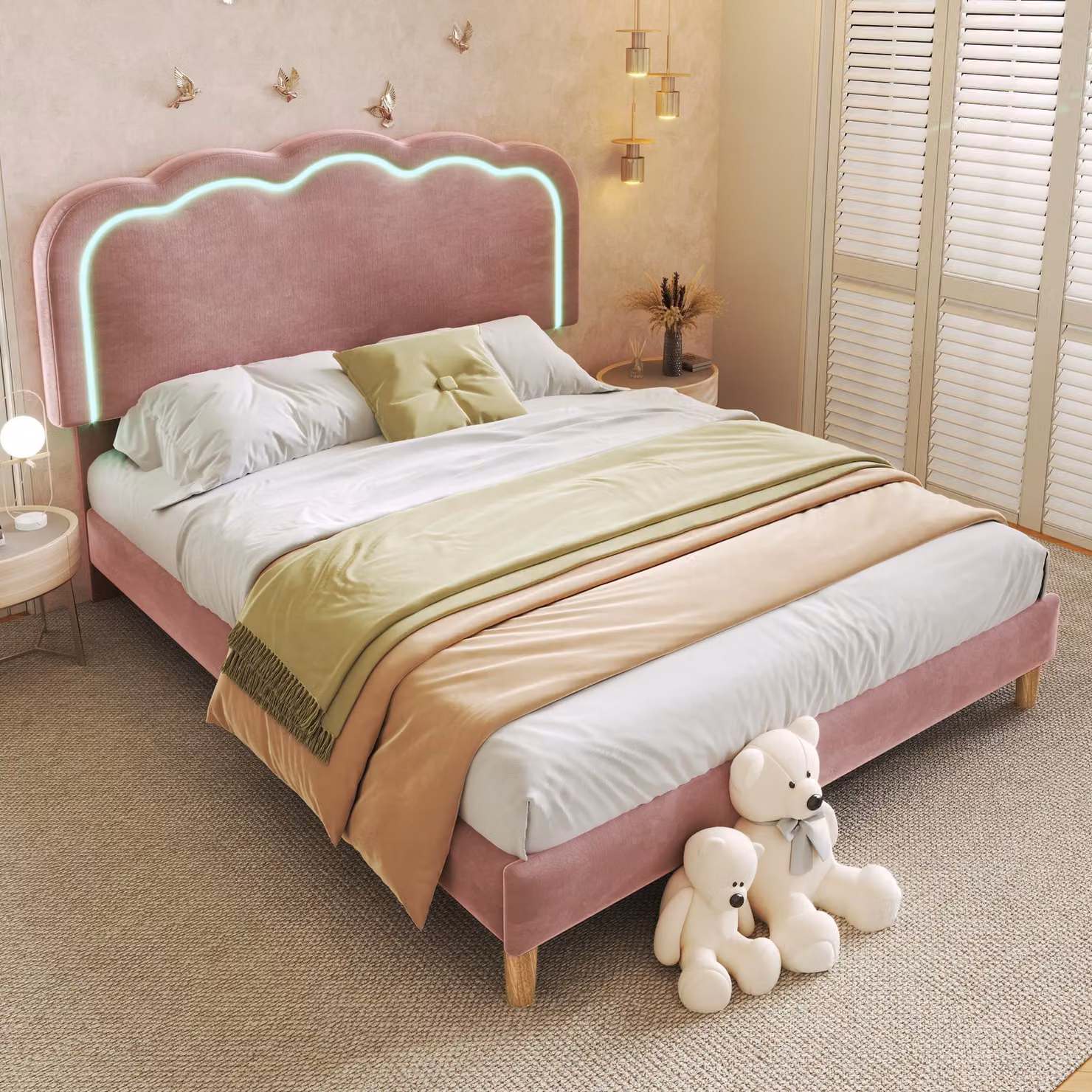 Letto imbottito 140x200 cm con testiera LED, regolabile in altezza, rivestito in velluto, completo di rete a doghe e con funzione di cambio colore e modalità musicale, colore rosa
