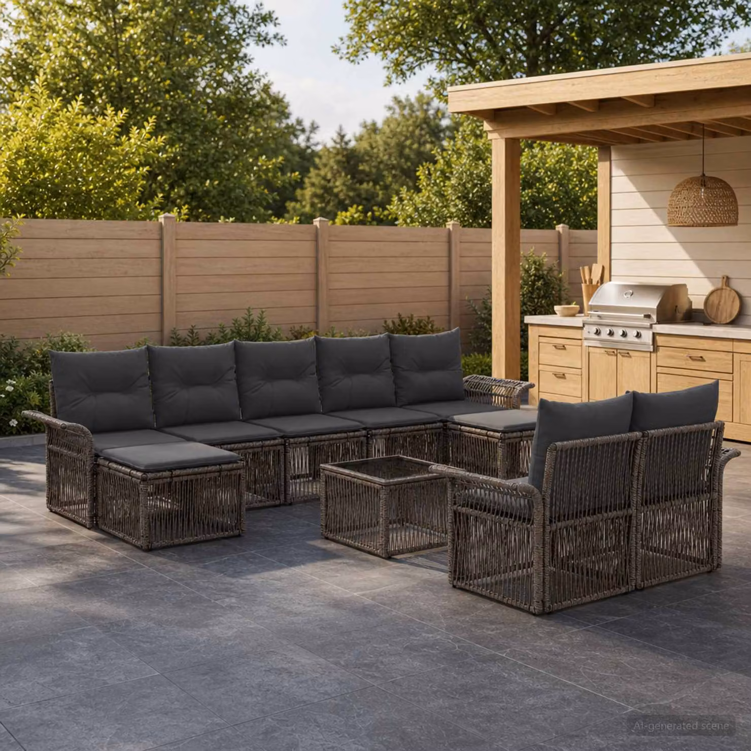 Set Divano da Giardino vidaXL 10 Pezzi a Forma di U in Polyrattan Grigio con Cuscini e Tavolino