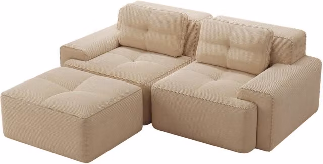 Divano modulare a L in tessuto vellutato beige con seduta profonda e chaise longue, divano letto imbottito a due posti