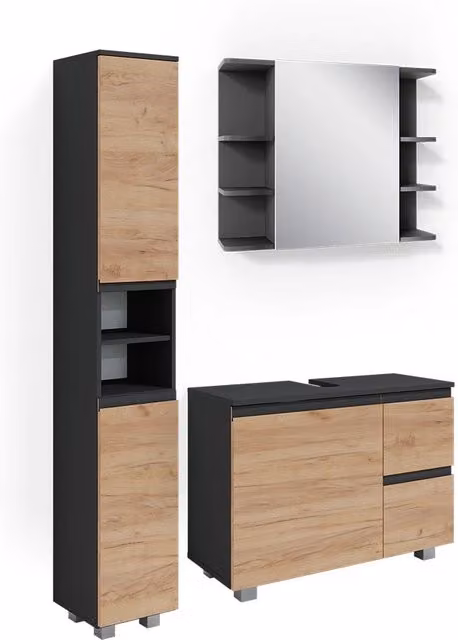 Set mobili bagno J-Shape Antracite/Rovere dorato 3 pezzi Vicco