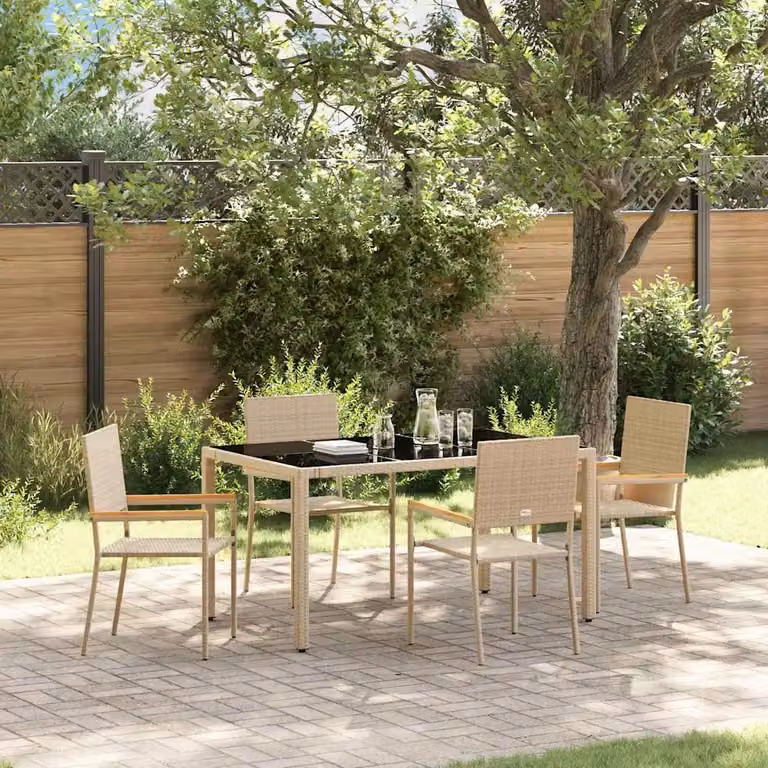 Set da pranzo per giardino vidaXL in 5 pezzi in polyrattan e legno di acacia color beige e marrone con piano in vetro