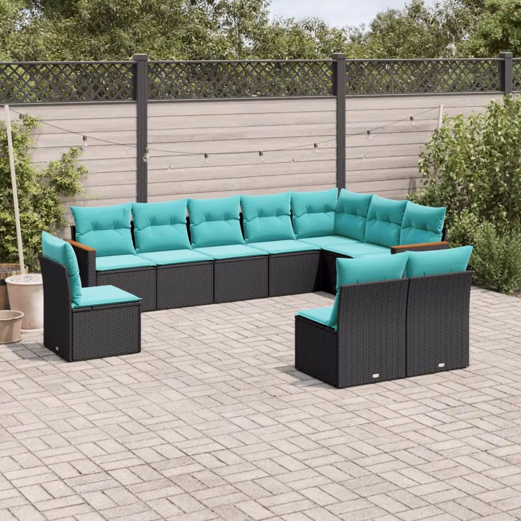 Set di divani da giardino vidaXL in polyrattan nero con cuscini, struttura in metallo e design a forma di U per esterno