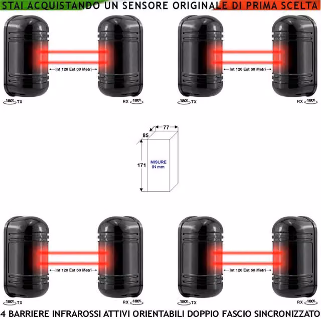 Set di 4 sensori barriera a doppio raggio infrarosso attivo Securvera, orientabile, nero, con portata fino a 120 m interno e 60 m esterno, collegamento filare 12 V