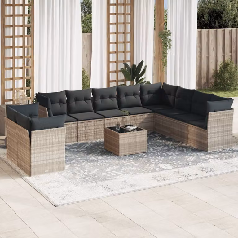 Set di divani da giardino vidaXL in polyrattan grigio con cuscini, tavolino e struttura a L composto da 11 pezzi