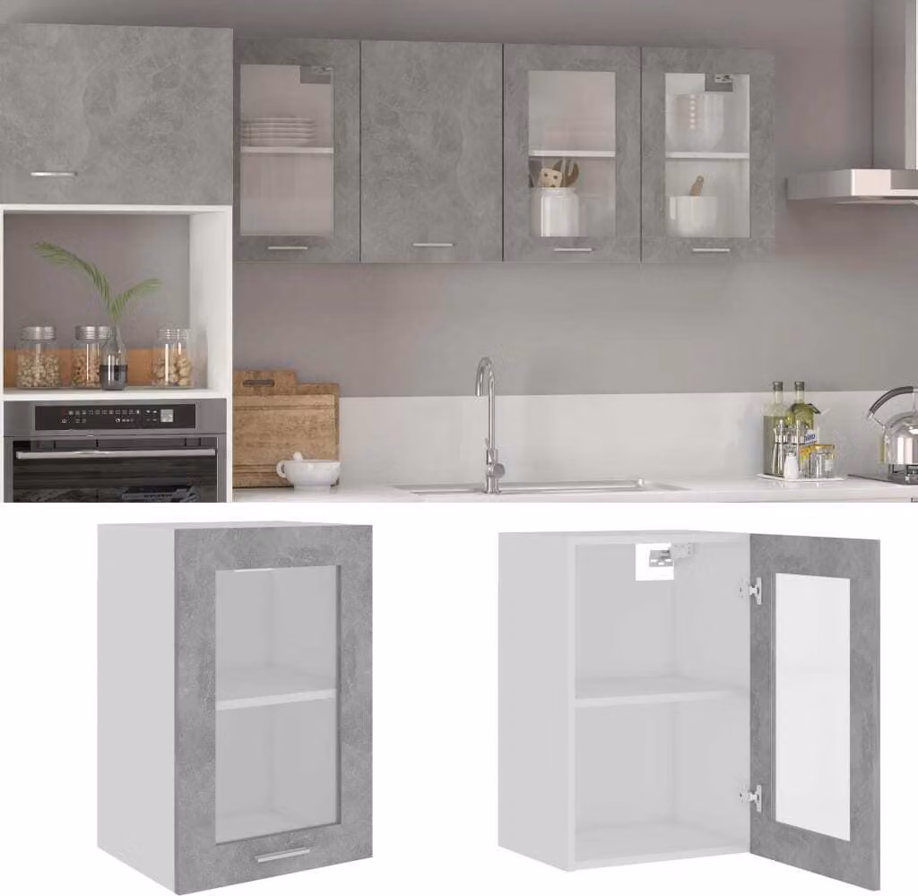 The Living Store Mobile sospeso in vetro grigio cemento 40x31x60 cm materiale legno